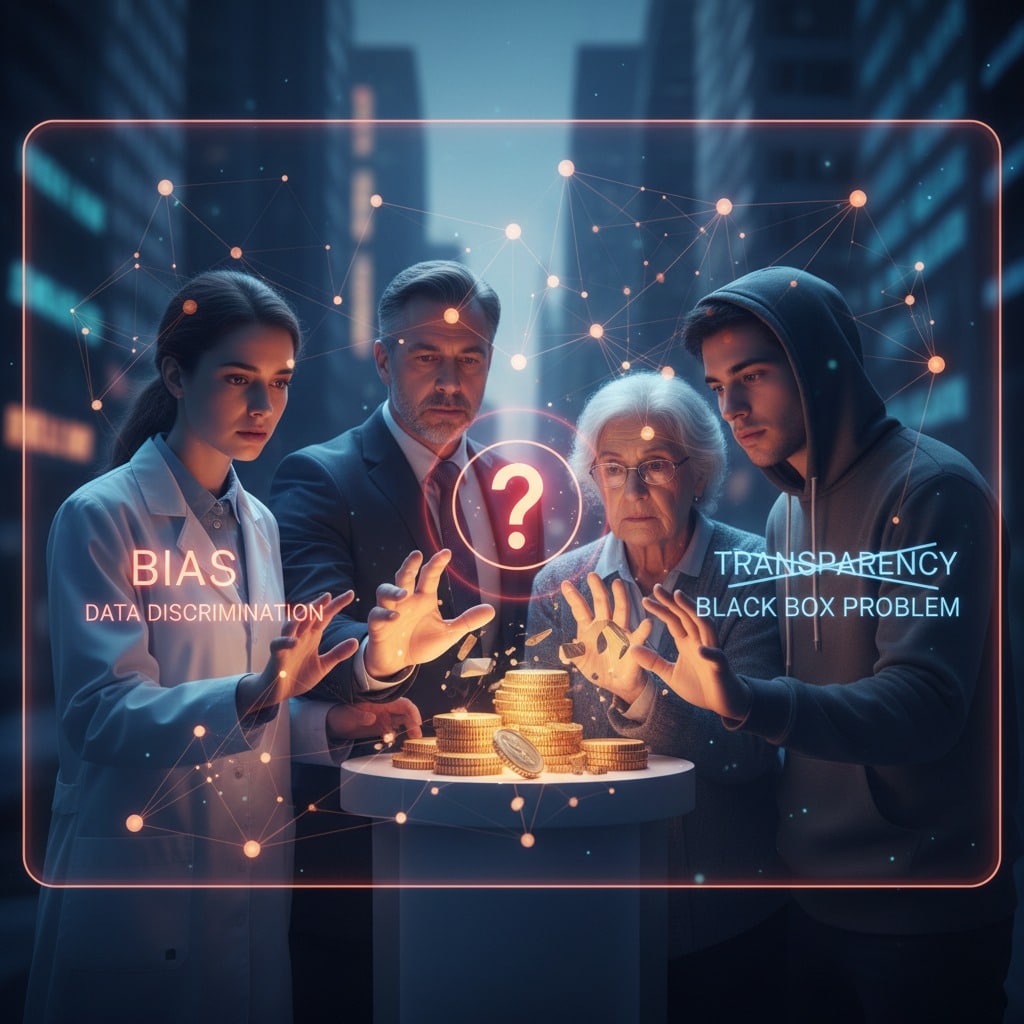 Four diverse people stand around a pedestal with stacked coins, interacting with glowing digital graphics about AI bias and transparency.